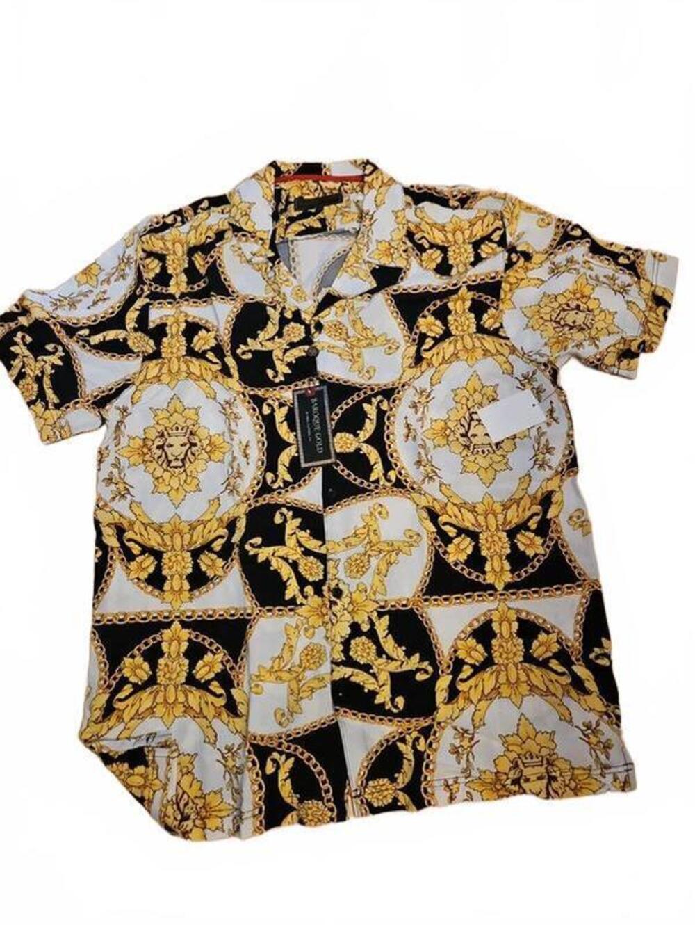 Baroque Gold Mens Shirt Medium NWT Lion Chain Print Short Sleeve Button Up